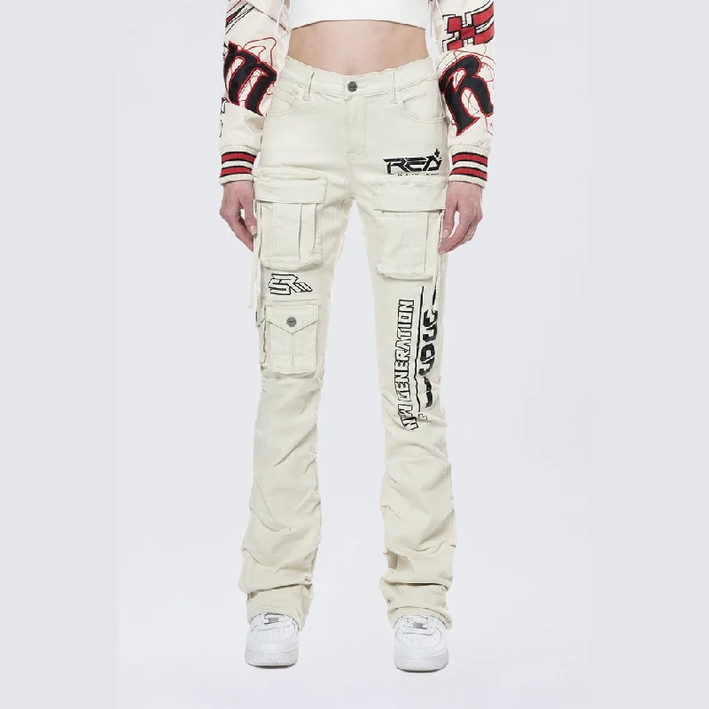 Easygoing Outfits Chic Urban Wear High Rise Stacked Utility Twill Pants - Ecru