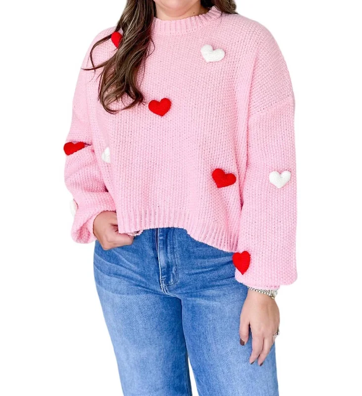 3D Heart Crochet Long Bubble Sleeve Sweater In Pink