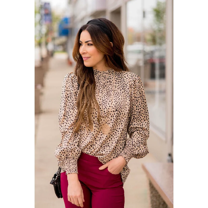 Cinched Neck Cuff Cheetah Blouse