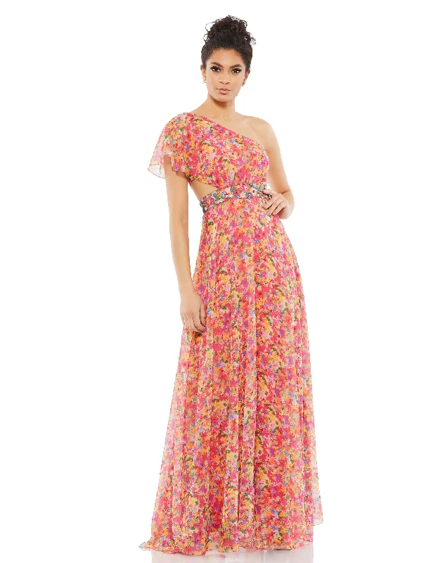 Floral Print One Shoulder Butterfly Sleeve A Line Gown