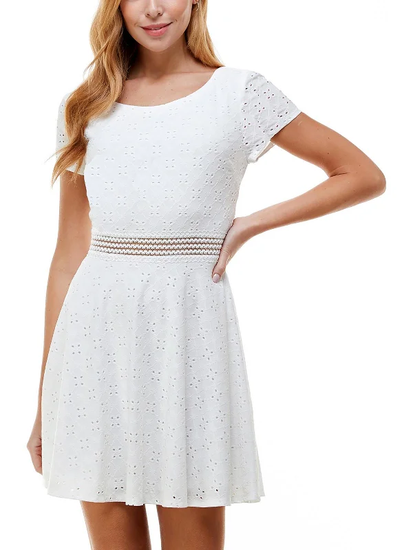 Juniors Womens Eyelet Short Fit & Flare Dress