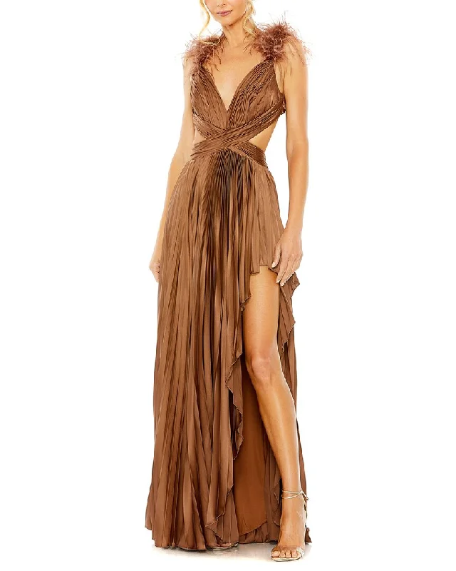 Mac Duggal Pleated Feather Cap Sleeve Open Back Gown