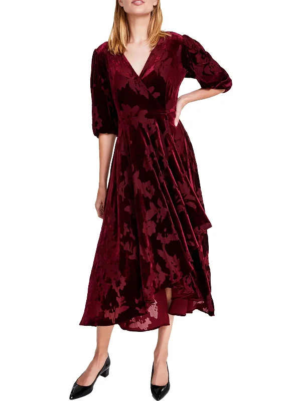 Petites Womens Burnout Velvet Wrap Dress