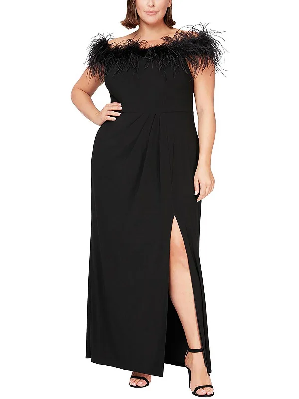 Plus Womens Off-The-Shoulder Feather Evening Dress