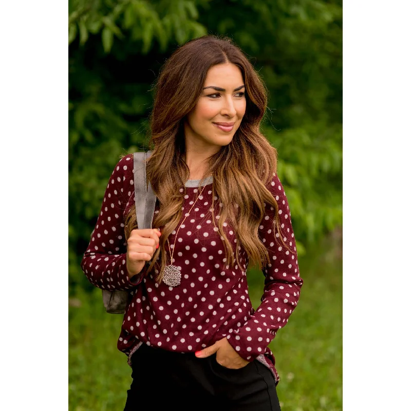 Solid Trimmed Long Sleeve Polka Dot Tee