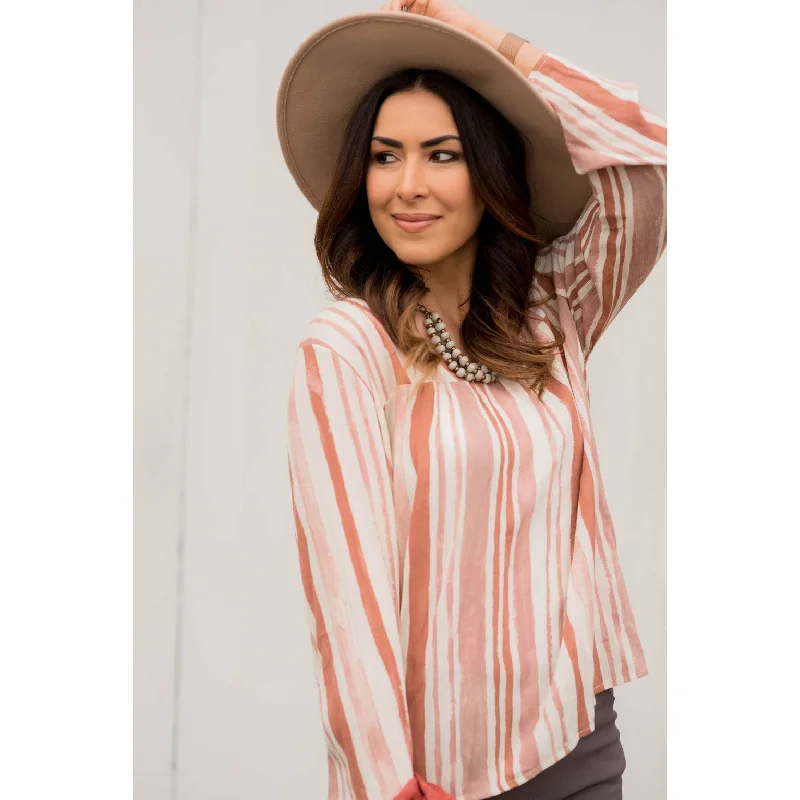 Striped Brush Stroke V Neck Blouse - Salmon