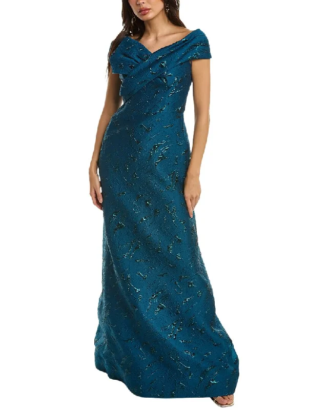 Teri Jon by Rickie Freeman Off-The-Shoulder Jacquard Gown