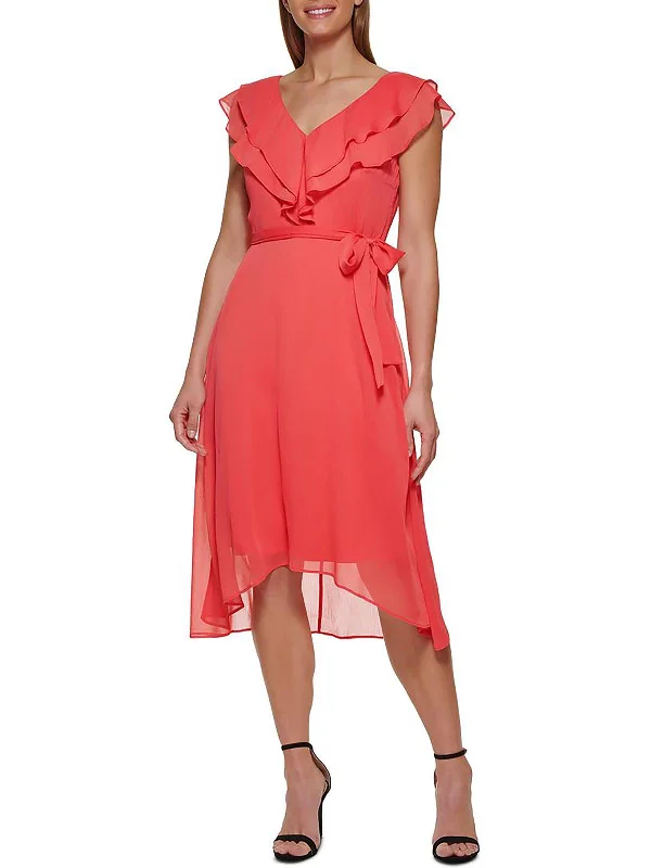 Womens Ruffled Calf Midi Dress