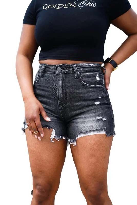 High Rise Distressed Denim Shorts In Black-Wash