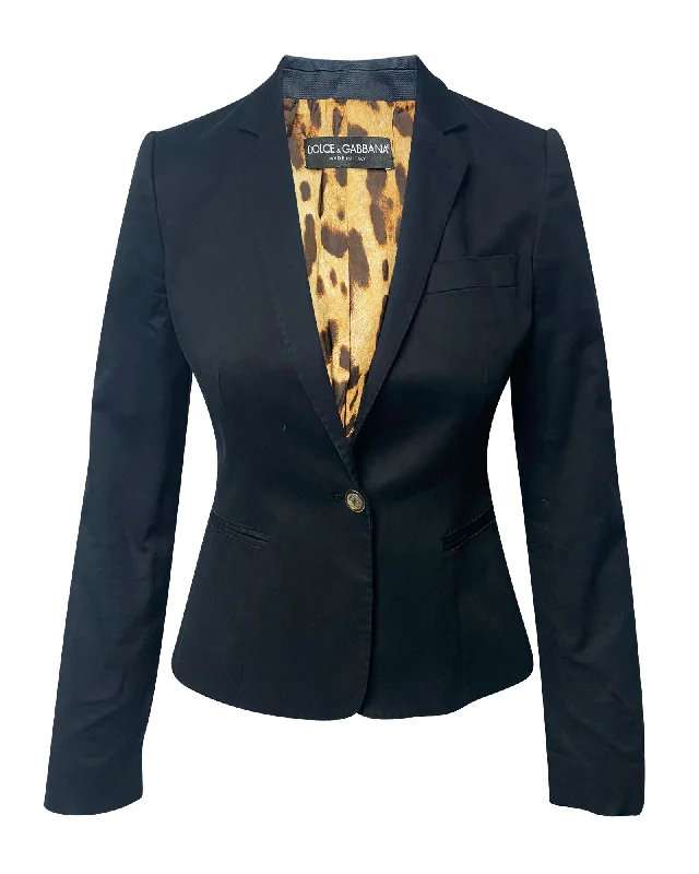 Dolce And Gabbana Leopard Print Lined Blazer in Navy Blue Cotton