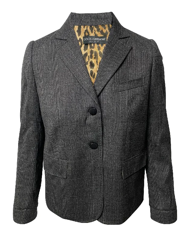 Dolce & Gabbana Single Breasted Leopard Print Lining Blazer In Grey Wool