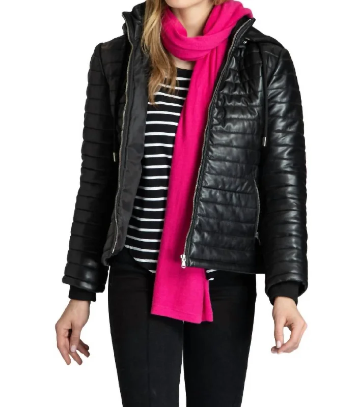 Leather Puffer Jacket With Detachable Hood In Black