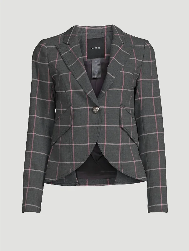 One Button Plaid Blazer In Grey