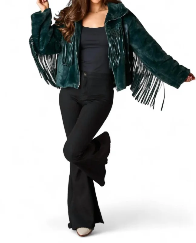 Skylar Fringe Faux Fur Jacket In Jade