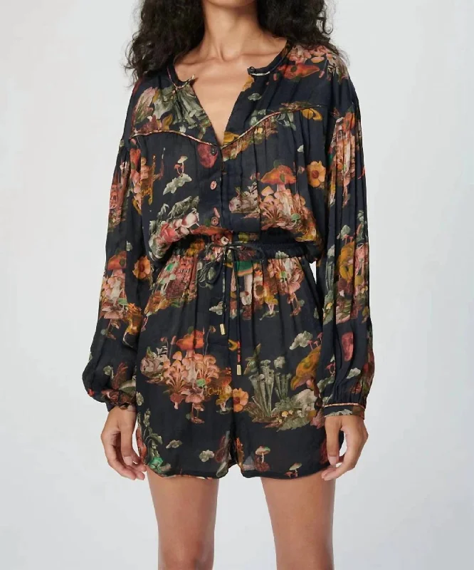 Long Sleeve Bamboo Playsuit In Magic Mushroom Black