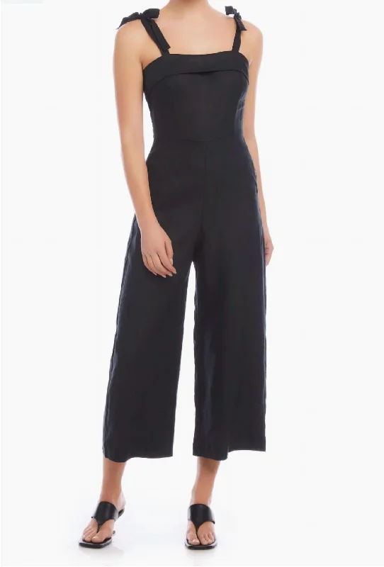 Paloma Tie Strap Linen Jumpsuit In Black