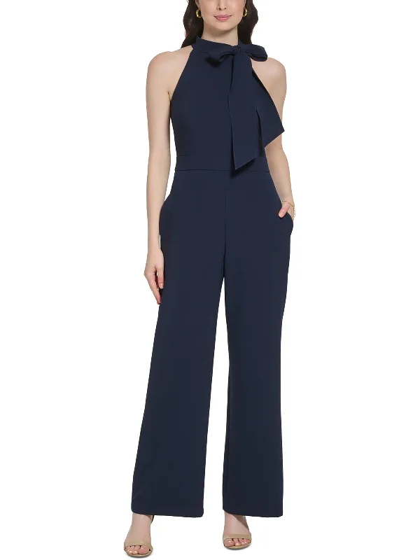 Petites Womens Wide Legs Tie-Neck Jumpsuit