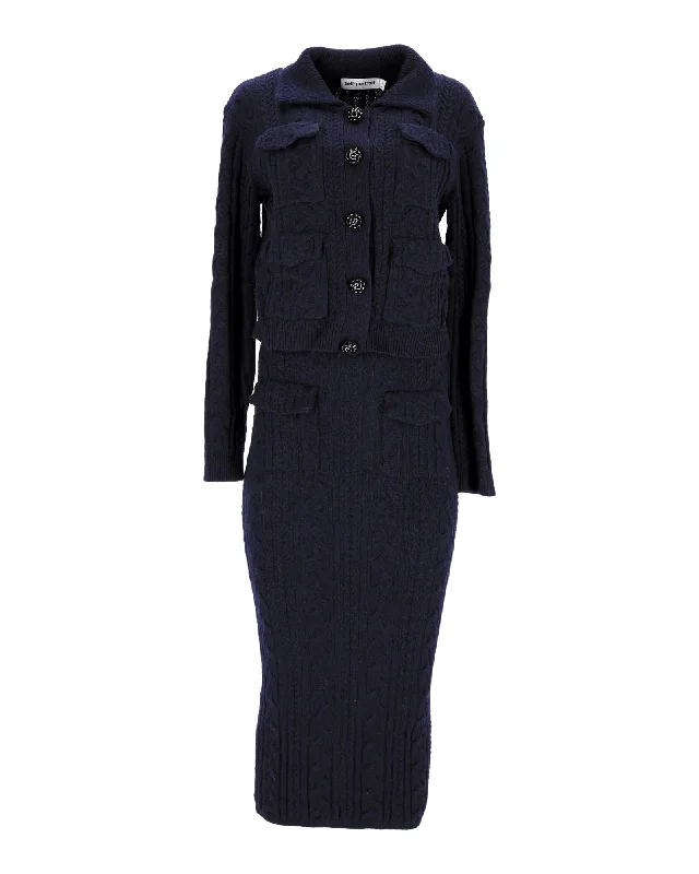 Self-Portrait Jacket and Midi Skirt Set in Navy Blue Polyamide