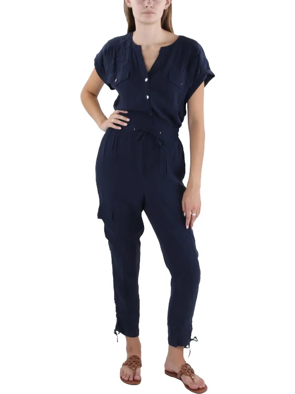 Womens Tie Front Cuff Sleeves Jumpsuit