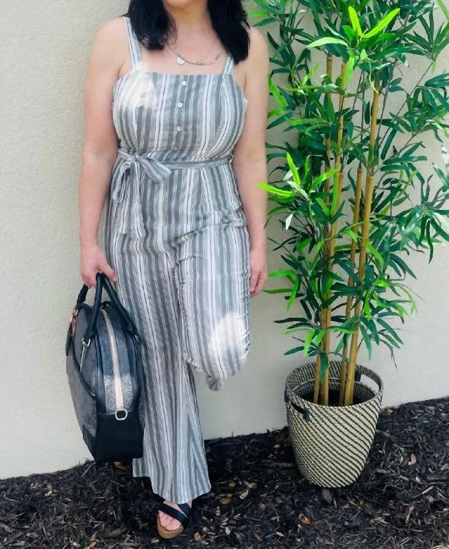 Woven Stripe Jumpsuit In Charcoal