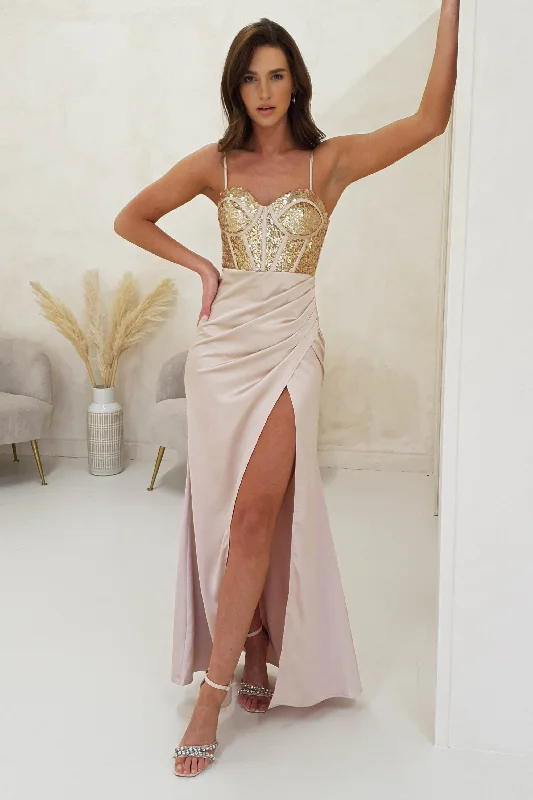 Margaux Satin Corset Maxi Dress | Gold