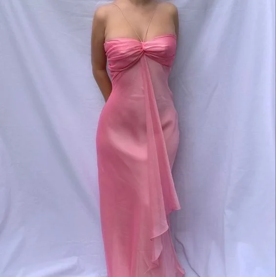 Pink Halter Ruffles Sheath Chiffon Vintage Long Party Dress, DP3658